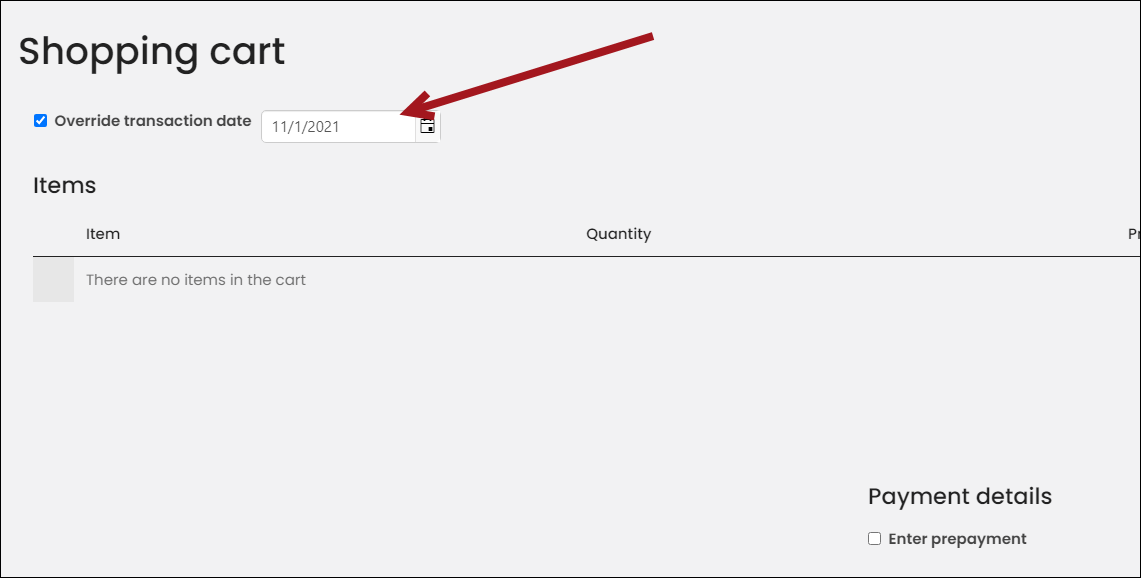 Enabling override transaction date in the cart